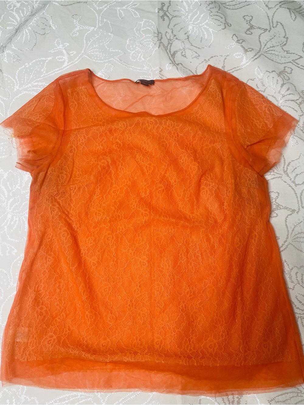 Ann Taylor Factory Bright Orange Lace Overlay Short Sleeve Top
